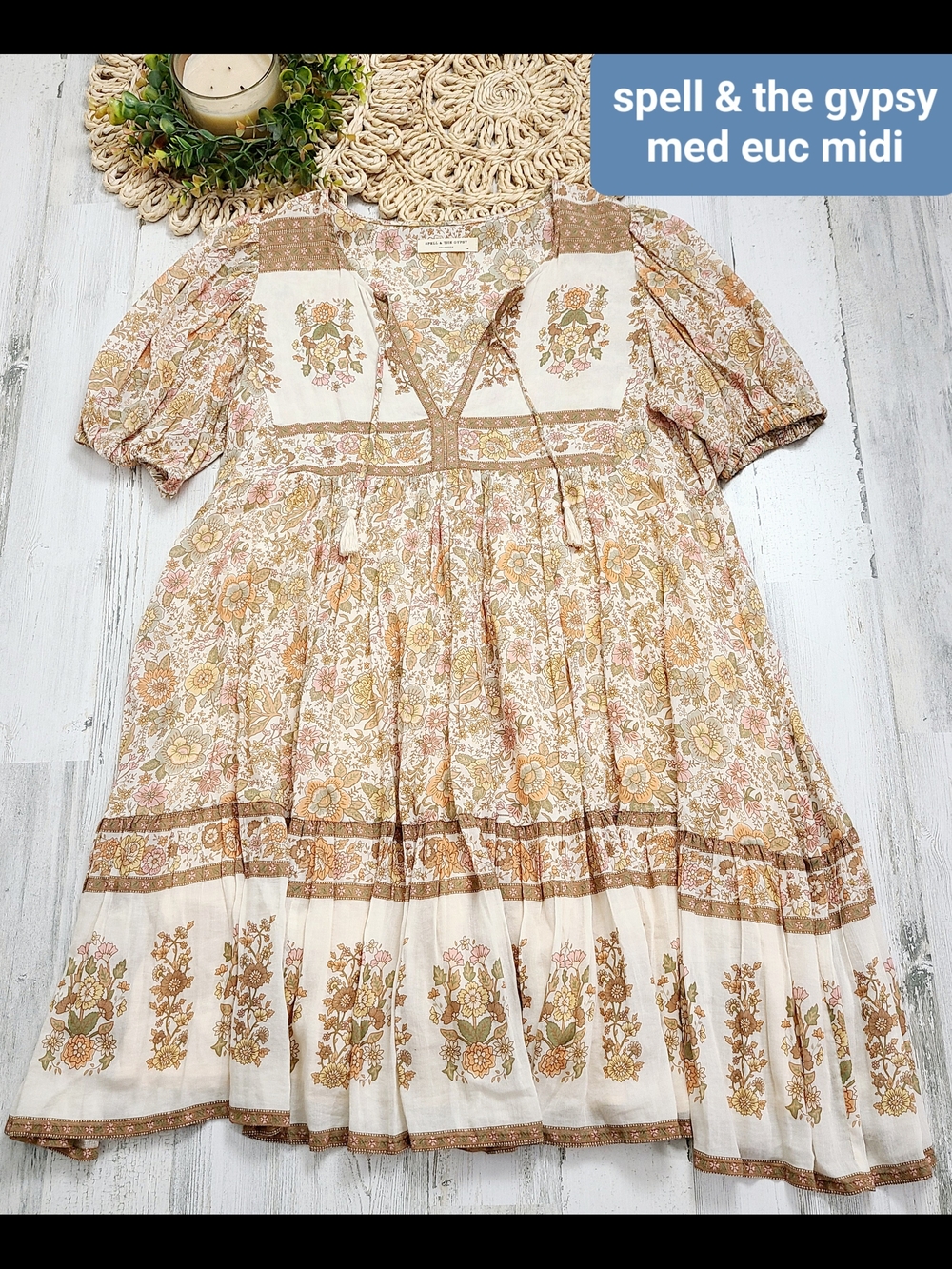 Spell Boho Floral Midi Dress - Cream & Tan